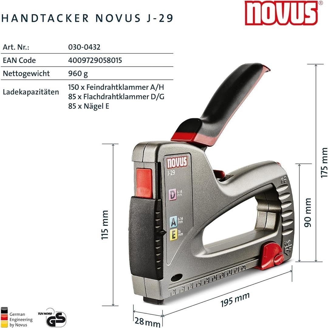 Novus Handtacker J-29, Profi-Tacker mit Metall-Gehäuse, Unterlademechanik, Distanzanschlag, Schlagkraftregulierung Beta Bezüge ZAP-Technix-Shop