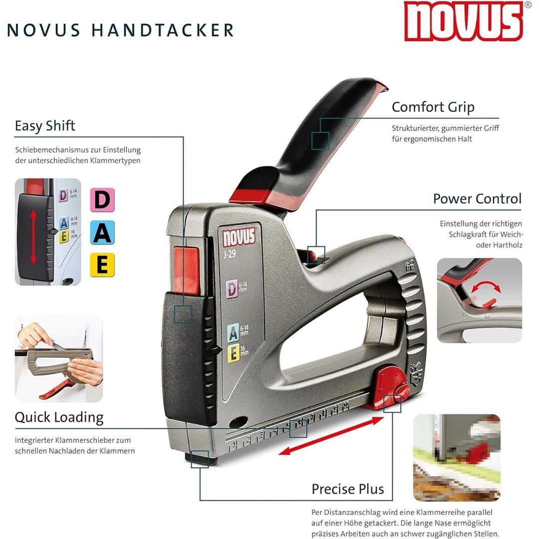 Novus Handtacker J-29, Profi-Tacker mit Metall-Gehäuse, Unterlademechanik, Distanzanschlag, Schlagkraftregulierung Beta Bezüge ZAP-Technix-Shop